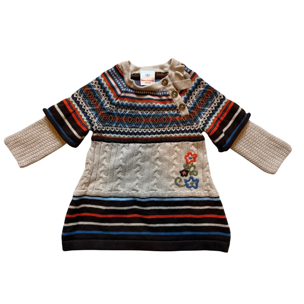 Hanna Andersson Fair Isle Cable Knit Baby Sweater Dress Brown 100% Cotton